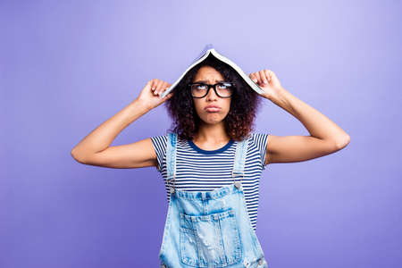 Portrait of funny funky charming beautiful pretty cute lovely with fluffy curly tired wearing...