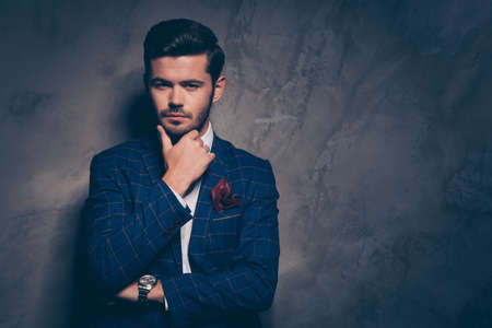 People person high class society grooming freelancer concept. Close up photo portrait of attractive unshaven with mustache manager thinking about new project strategy isolated gray backgroundの写真素材