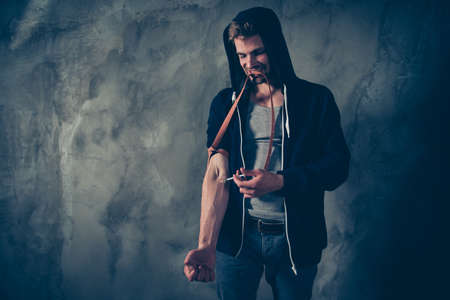 Crazy man insane nervous scaring frightened bearded guy taking d