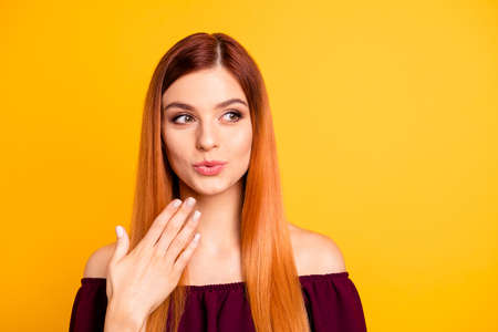 Close up photo portrait of attractive pretty good-looking interested lady holding hand palm near...