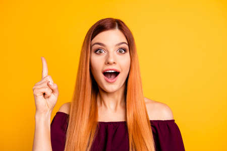 Yes I knew it Close up photo portrait of clever intelligent attractive charming lady with opened mouth looking in camera holding forefinger up isolated bright background.の写真素材