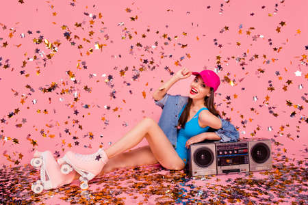 Side profile photo portrait of beautiful pretty student resting on floor after celebration isolated...
