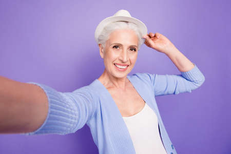 Self portrait of gray haired old nice beautiful cheerful smiling