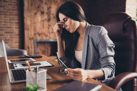 Profile side view photo of tired accountant with spectacles, in