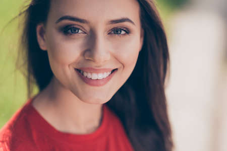 Closeup portrait of straight-haired young beautiful lovely niceの写真素材