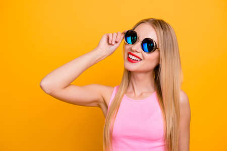 I feel great Close up studio photo portrait of pretty delightfuの写真素材