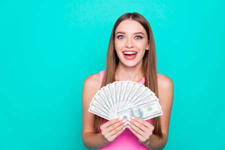 Portrait of young lovely nice sweet excited crazy girl lady wearの写真素材