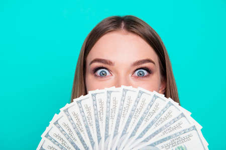 Close-up portrait of young lovely nice sweet excited crazy girlの写真素材