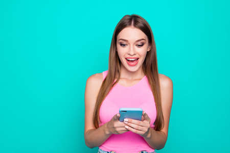 Attractive gorgeous young smiling girl wearing pink blouse, exci