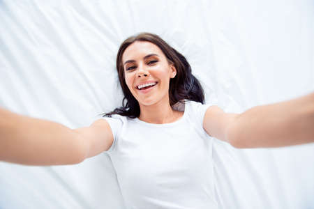 Self-portrait, top above high angle view of adorable charming beの写真素材