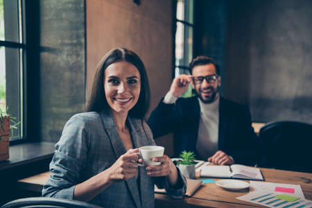 Two cheerful modern stylish elegant classic businesspeople, part