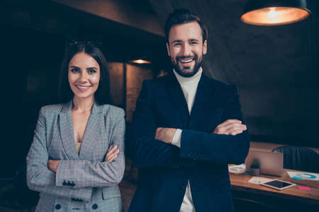 Two cheerful glad laughing modern professional stylish elegant cの写真素材