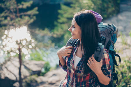 Side profile view of adorable beautiful nice lovely cute cheerfuの写真素材