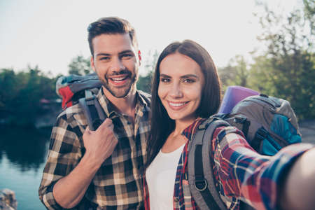 Self-portrait of two people, spouses, girl and guy, wanderers onの写真素材