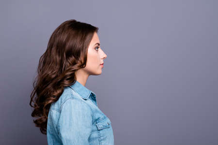 Profile side view of content stylish trendy nice cute adorable lの写真素材
