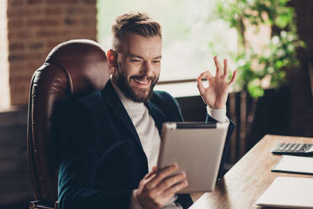 Elegant classic cheerful smart clever bearded confident man