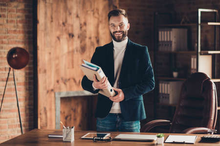 Classic elegant cheerful smart clever intelligent content bearded man