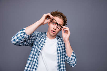 Portrait of stylish trendy nice attractive handsome funny position