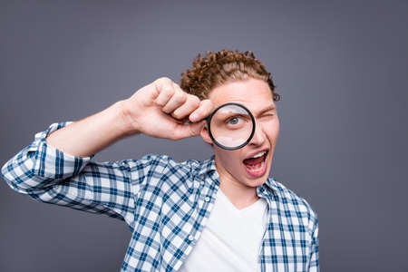 Portrait of stylish trendy attractive handsome crazy guy