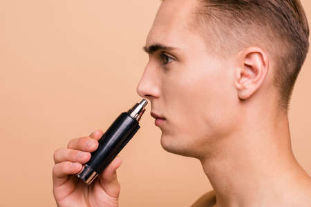 Profile side view photo of handsome young brown-haired manの写真素材