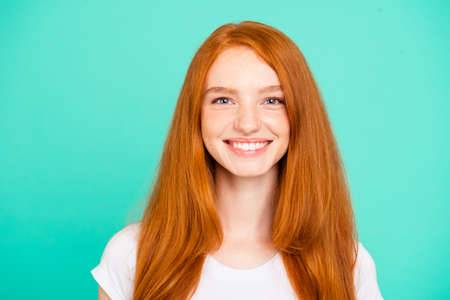 Portrait nice cheerful positive cute bright vivid shiny red stra