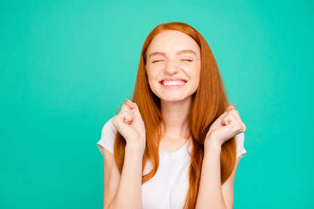 Photo of gorgeous, nice, stunning girl with closed eyes and big