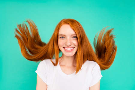 Wellness hair concept. Close up portrait of happiness lady in whの写真素材