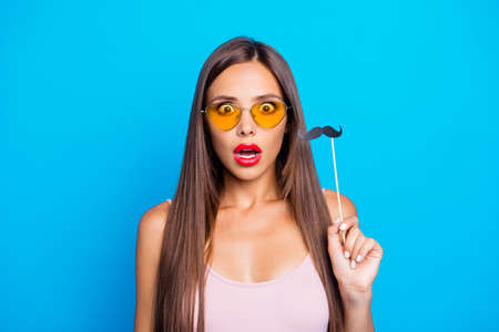 Portrait of nice cool crazy puzzled adorable positive straight-hの写真素材