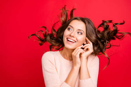 Carefree, careless concept. Lovely woman people look aside withの写真素材