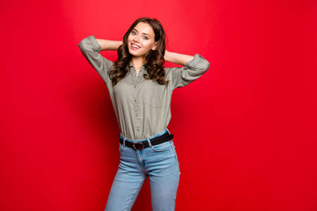 Portrait of lovely, adorable, good-looking curly person with newの写真素材