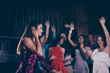 Best meeting, gathering concept. Lady deejay play audio on mixinの写真素材