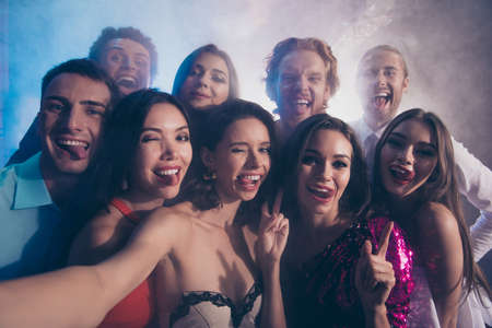 Best party mood Close up photo portrait of couple of friends