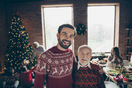 Portrait of two people, cheerful glad grey-haired grandpaの写真素材