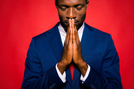 Cropped portrait of close eyes chic classy concentrated confidenの写真素材