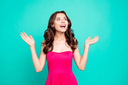 Portrait of charming, glad, lovely, brunet coquette lady in pinkの写真素材