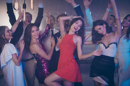 Best party big large mood Two girls in fabulous dress, skirt dancing.