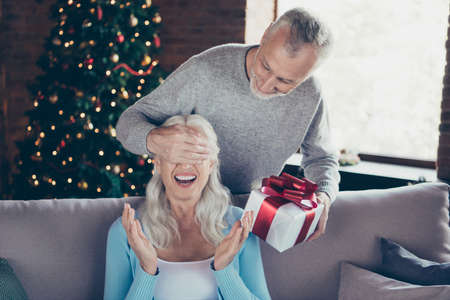 Cheerful glad amazed excited beautiful woman sitting on couchの写真素材