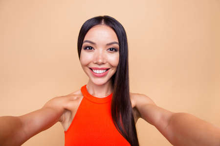Close up photo portrait of her she cute sweet lovely charming nice excited cheerful funny with...