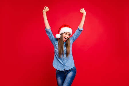Portrait of nice cheerful funny positive attractive emotional lady in christmas  hatiの写真素材
