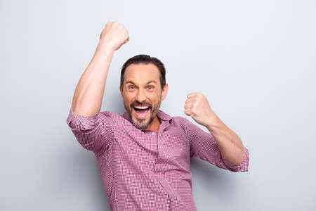 Human emotion reaction concept. Portrait of attractive good-wearing cheerful careless carefree man...