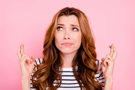 Upset frustration confused lady with her brunette wave modern haの写真素材