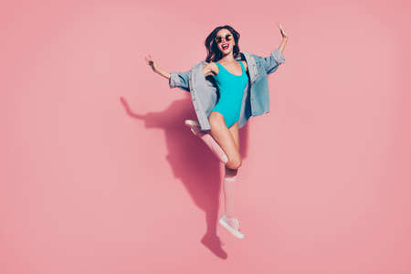 Full size photo of attractive positive glad carefree careless la