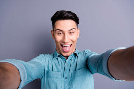 Self-portrait of nice cool cheerful cheery optimistic positive t