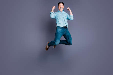 Full length body size portrait of nice cute cool attractive handの写真素材