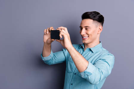 Portrait of nice cute lovely cheerful attractive handsome mascul