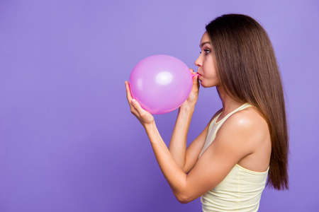 Portrait of nice-looking good-dressed lady with her brunette haiの写真素材