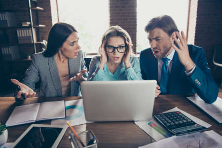 Portrait of four stylish elegant classy chic experienced puzzled