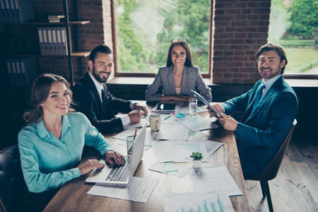 High angle top view of four attractive employer employment entre
