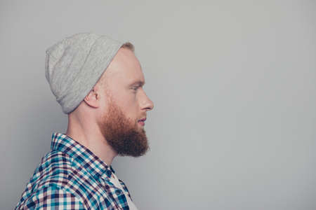 Close up portrait of man stand isolated on light gray backgroundの写真素材