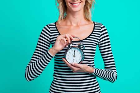 Close up cropped portrait of lady with her nice smile she hold r